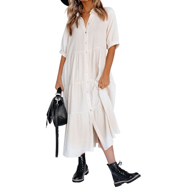 ivimos Dam Sommar Bomull Halv Ärmar Knapp Ned Casual Lös Slit Midi Klänning med Ficka Vit Medium