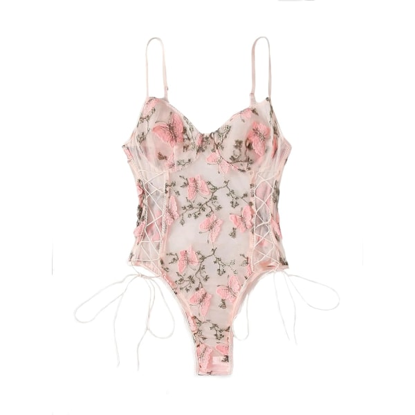 osy Kvinnor Sexig Spets Upp Blommig Broderad Teddy Lingerie Bodysuit Topp Mesh Sheer En Delad Fjäril Rosa 3X-Large