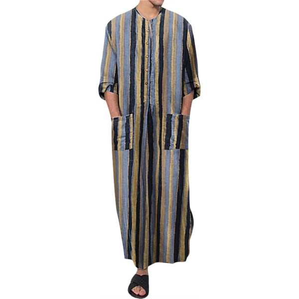 MVA Muslimsklänningar för män Långärmade Randiga Henley-skjortor Kaftan Muslim långklänning Thobe Robe för män Randig-blå 3X-Large