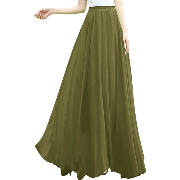 Kvinnor Full/Ankel Längd Elastisk Plisserad Retro Maxi Chiffon Lång Kjol Armégrön Medium
