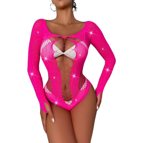 Kvinnors gnistrande strass body nät underkläder utskurna sexiga mesh teddy body röd