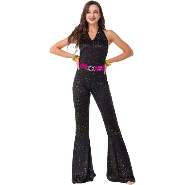 OM CASTLE 70-talsdräkt för kvinnor Vintage V-ringad paljett Jumpsuit Disco Outfit Hippie Club Natt Vuxen Halloween kostym Svart X-Large