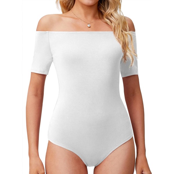 ALSI Off Shoulder Bodysuit för kvinnor Kortärmad Slim Fit Casual Basic Body suit Toppar T-shirts 01 Vit Stor