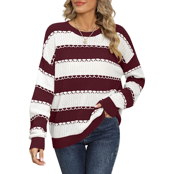 MOON Dam tröja randig 2024 Crewneck Pullover långärmad söt toppar vinröd X-Large