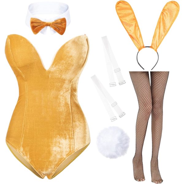 iNa Anime Damkläder Bunny Girl Kostym En Delig Body Halloween Cosplay Catsuit Bunny Pannband Strumpor Set Guld X-Small