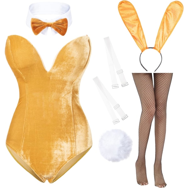 iNa Anime Womens Bunny Girl Costume One Piece Body Halloween Cosplay Catsuit Bunny Pannband Strumpor Set Guld Medium