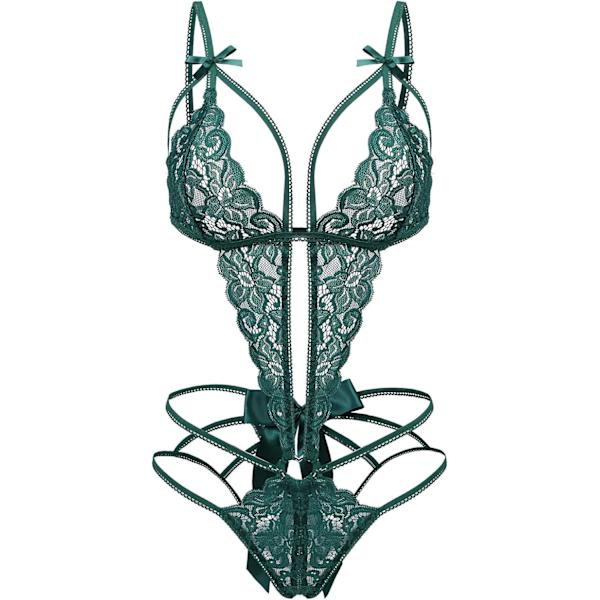 nalla Dam djup V-spets Teddy One Piece Lingerie Cutout Strappy Lingerie Deep Green X-Large