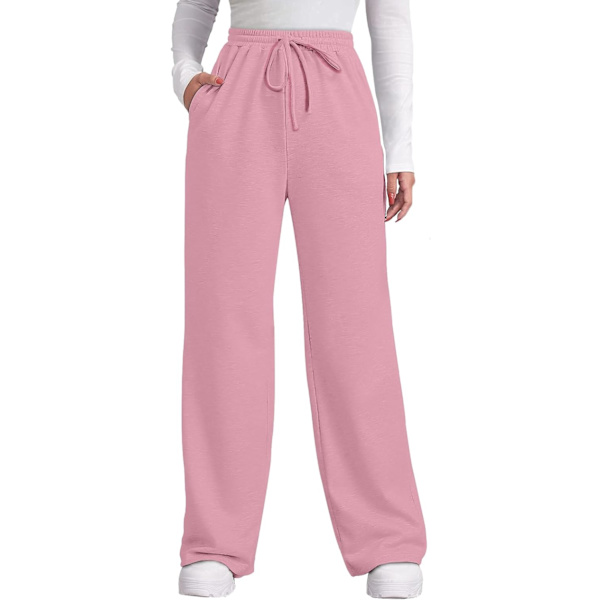 EFAN Dam höstbyxor med fickor vinter elastisk midja sweatpants vida ben dragsko byxor S-XXL rosa medium