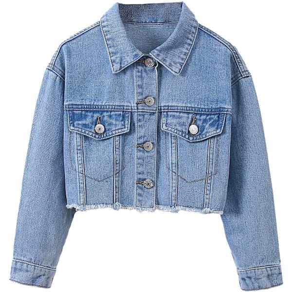 dusa Flickas råfåll långärmad enkelknäppt kort denimjacka ytterkläder ljusblå 8 år