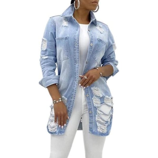 emuho Dam Classic Lång Jeansjacka Plus Storlek Lös Långärmad Knapp Ned Denimjacka Trenchcoat Himmel Blå Liten
