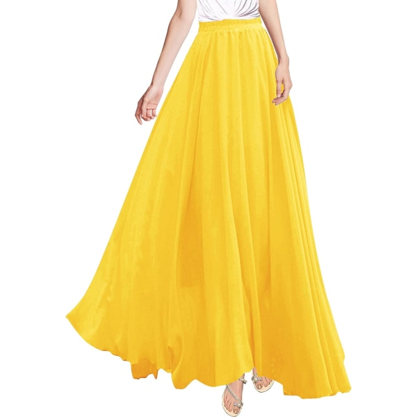 Kvinnor Full/Ankel Längd Elastisk Plisserad Retro Maxi Chiffon Lång Kjol Ljusgul 3X-Large
