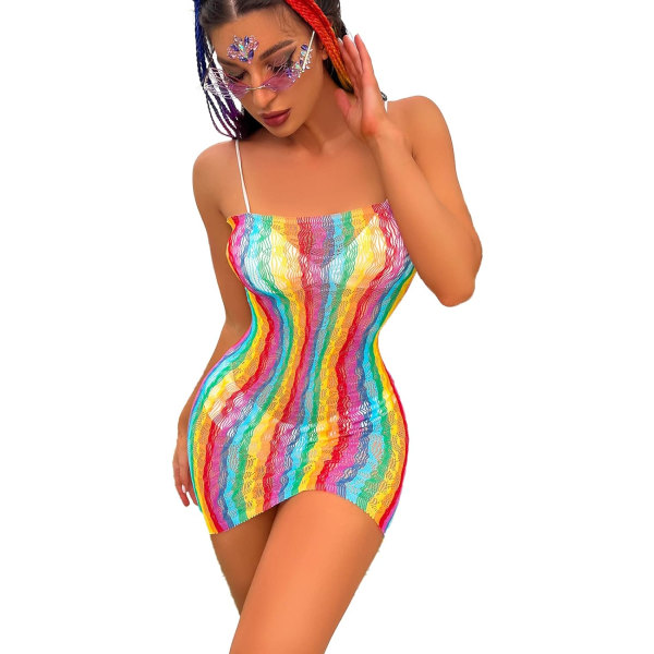 sv Sexig Teddy Rainbow Fishnet Chemise Hot Mesh Miniklänning Underkläder Babydoll Body Se Through Cover Up Klänning Tube Top Dress One Size