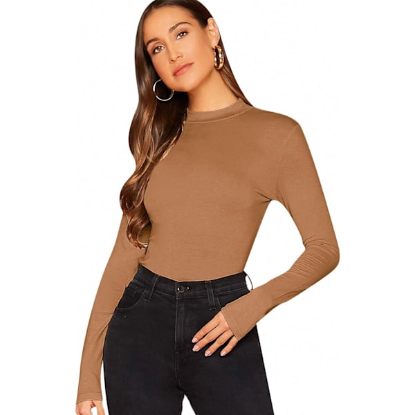 dusa Dam Basic Mock Neck Slim Fit Långärmad Pullover Tee Toppar Mörk Khaki Medium