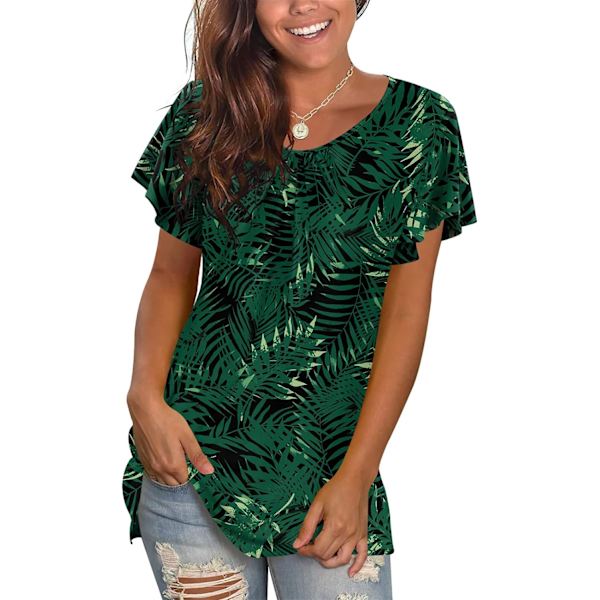 MOON Damtoppar 2024 Sommar Volang Korta Ärmar T-shirts Casual Shirred Crewneck Lös Tunika Topp Grön Blad Svart Medium