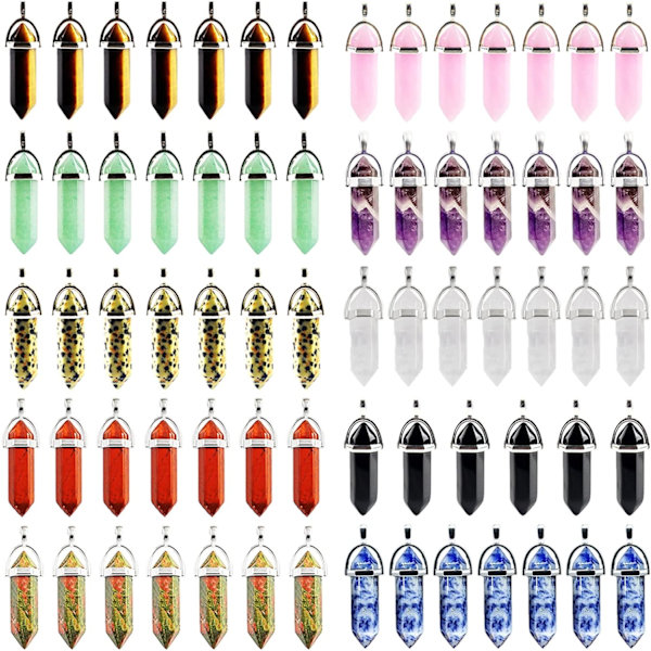 7 st Hexagonal Naturlig Chakra Hänge Bullet Form Kristall Hänge Healing Spetsig Kvarts Berlocker Ädelsten Prisma Sten Chakra Pärlor för DIY Halsband