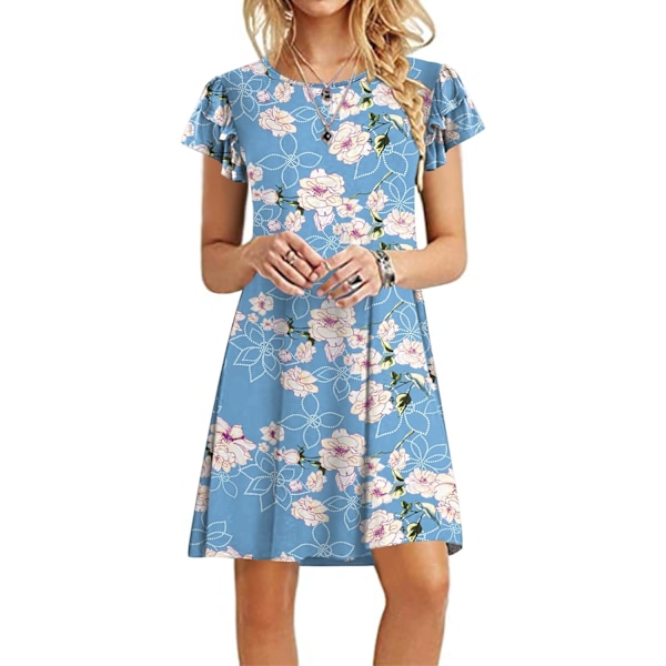 MOON Kvinnor Miniklänningar Sommar Casual Volang Korta Ärmar Söta Rund Hals Flowy Klänning med Ficka Blomljus Bl Large