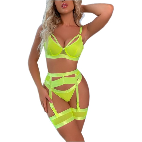 ESEA Dam Strumpeband Lingerie Set, Strappy BH och Trosor Set, Genomskinlig Matchande 4 Delar Lingerie Set Grön Liten