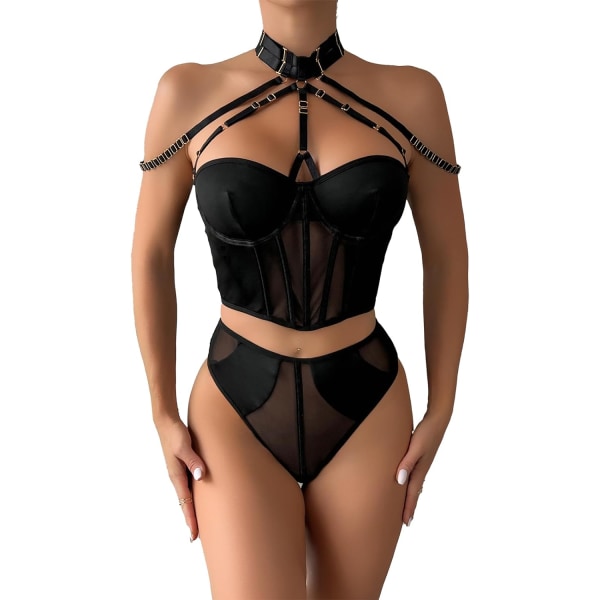 Sexig mesh-lingerie för kvinnor, 2-delad set med choker, korsett och högskurna trosor, svart, stor