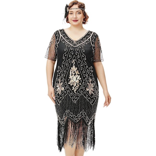 EYOND Plus Size 1920-tals Art Deco Fransad Paljettklänning Flapper Gatsby Kostymklänning för Kvinnor Svart och Guld 3X-Large Plus