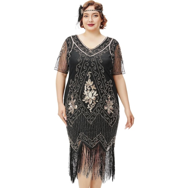 EYOND Plus Size 1920-tals Art Deco Fransad Paljettklänning Flapper Gatsby Kostymklänning för Kvinnor Svart och Guld 4X-Large Plus