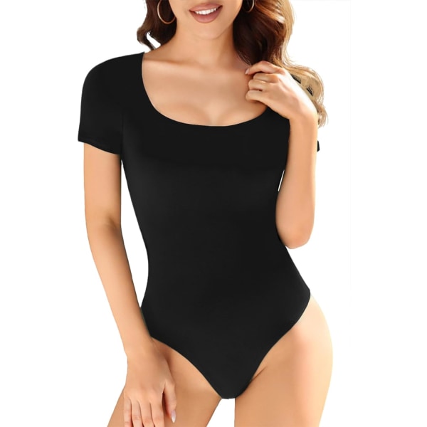 LASI bodysuit med rund hals för kvinnor, kort ärm Slim Fit Basic Stretchig Sexig body suit Dubbelfodrad skjorta Toppar 01 Svart 3X-Large