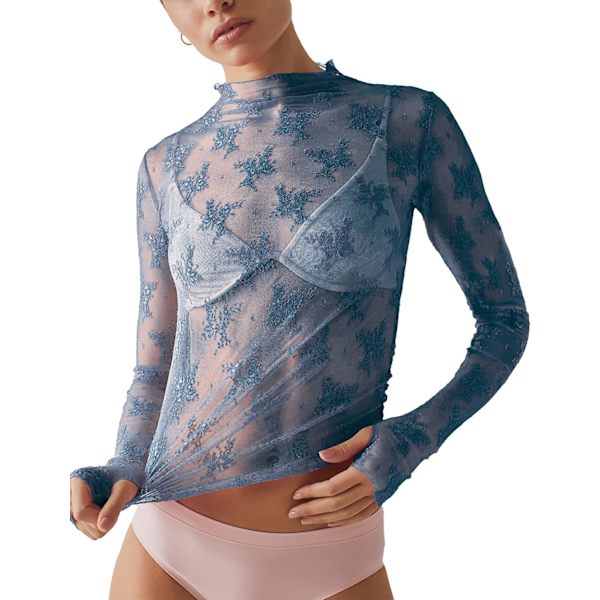 rlov Dam långärmad mesh topp mock neck genomskinlig blus genomskinlig blomspets toppar