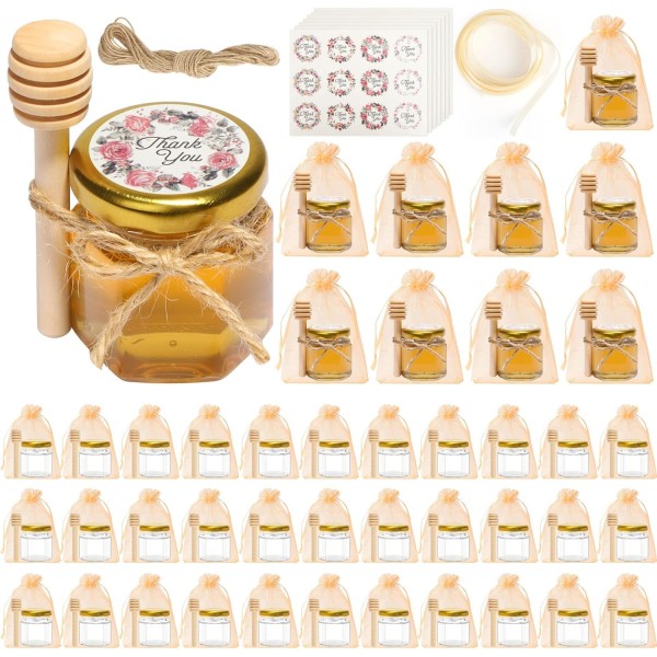 Saf Mini honungsburkar med vattenkokare 1,5 oz - 40-pack, liten honungsglasburk med guldlock, liten sexkantig honungsburk i bulk för baby shower, bröllop och fest