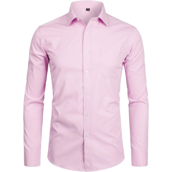 OYAA Långärmad herrskjorta Solid Slim Fit Casual Business Formella Button Up-skjortor med Pocket Pink Small