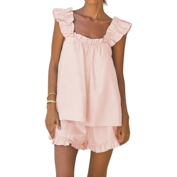 sv Womens Summer 2-delat set Mode volanger Trim Cami och Casual Shorts Set Cotton Pyjamas Set Pink X-Large