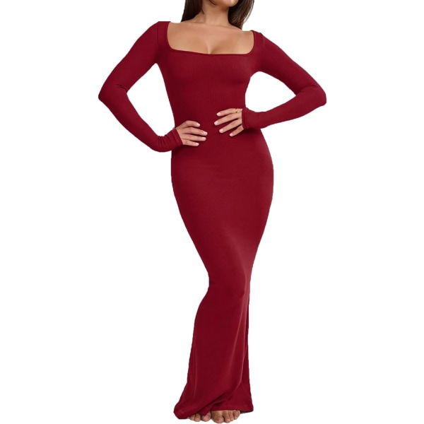 ivimos Dam Maxi Lounge Klänning Långärmad Fyrkantig Hals Elastisk Ribbstickad Sexig Bodycon Klänning Winered Medium