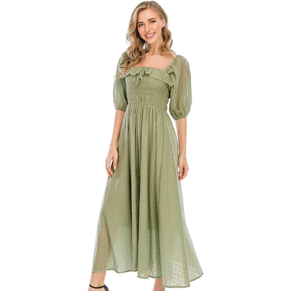 ivimos Dam Sommar Halv Ärm Bomull Volang Vintage Elegant Rygglös A Linje Flytande Långa Klänningar Armygreen-1 X-Large