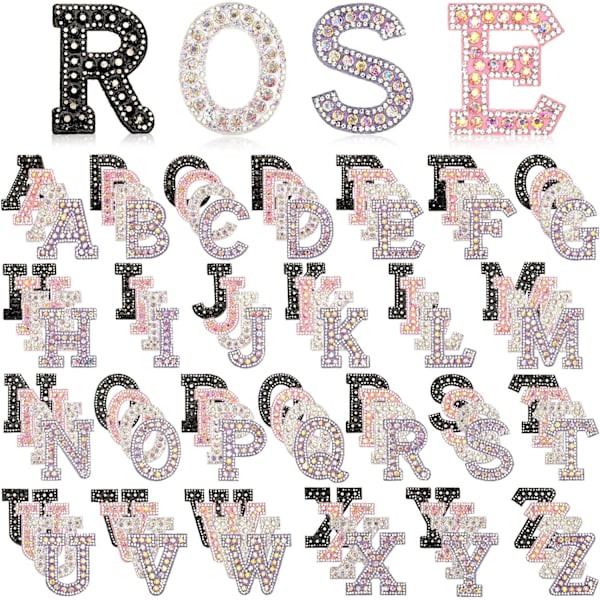 104 st Rhinestones Pärlor Stryk på Dekorativa Bokstavslappar A-z Bling Glitter Engelskt Alfabet Applikation för Sy på Söt Stil