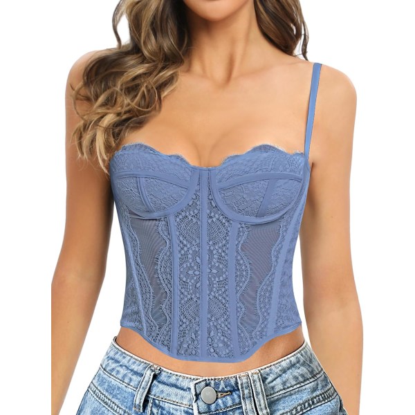 nKee Spetskorsetttoppar för kvinnor Spets Bustier Korsetttopp med remmar Dam Korsett Going Out Party Crop Top Blå X-Large