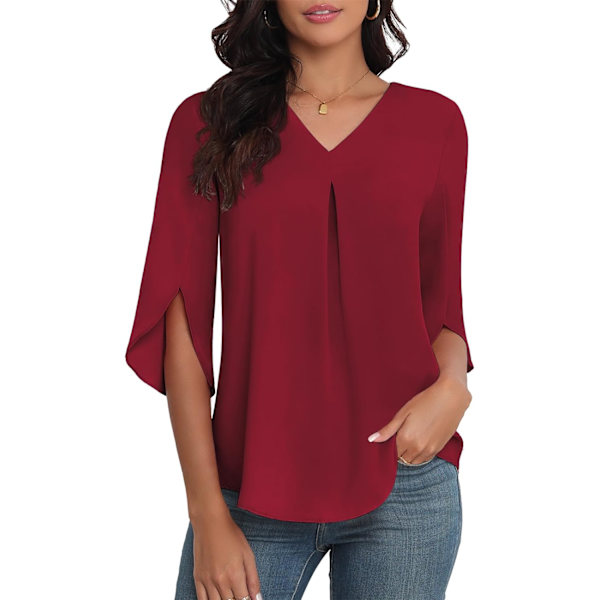 LASI Dam Sommar Chiffon Blusar 3/4 Ärm V-Ringning Casual Lös Arbete Toppar för Leggings 2024 Flytande Dressy T-shirts Röd X-Large
