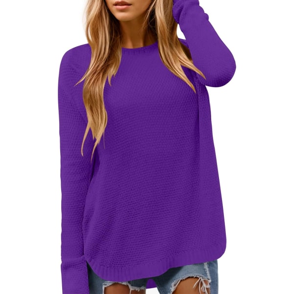 MOON Dam Crewneck Långärmad Stickad Tröja Lös Passform Mjuk Solid Pullover Lila XX-Large