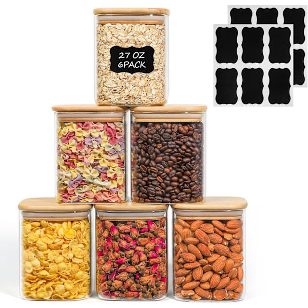 Saf 27 oz Glasburkar för matförvaring Set om 6, Genomskinliga behållare med lufttätt bambulock, Skafferiorganisationsburk, Kryddor, Blommande te, Kaffe och socker