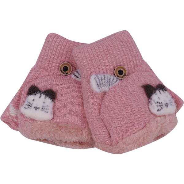 s Toddlers Söta Ren Fleecefodrade Vantar Konvertibla Flip Top Fingerlösa Vantar för Pojkar Flickor Rosa Katt