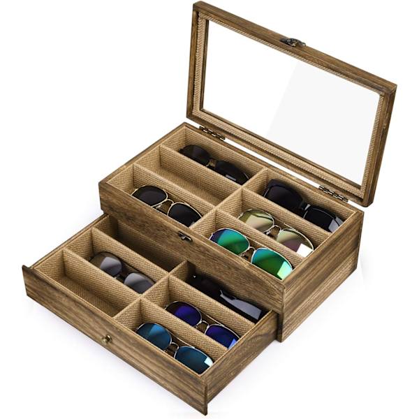 SWATANA Solglasögonfodral Organizer för Kvinnor Män, 12 Fack Trä Glasögon Display Box, Kolsyrad Svart