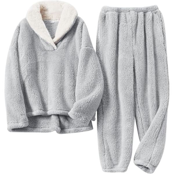 uo Dam Fluffy Pyjamas Set Fleece Pullover Byxor Lös Plysch Sovkläder 2 Delar Pjs Set Varm Loungewear Fuzzy Lightgrey Liten