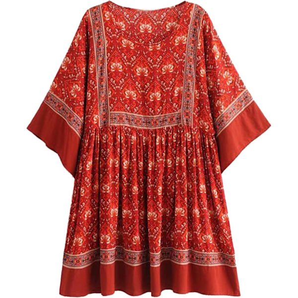 ivimos Dam Sommar Bomull Halv Ärm Casual Lös Bohemisk Blommig Tunika Klänningar Röd X-Small