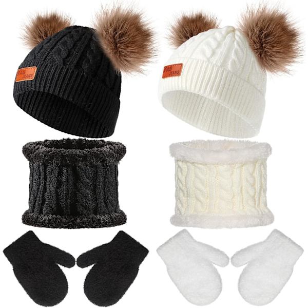 6 st Spädbarn Småbarn Mössa Yllehatt Vinter Twist Dubbel Pom Pom Ull Stickad Mössa Vantar Handskar Värmare Cirkel Loop Halsduk