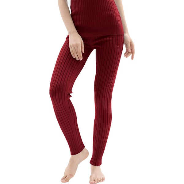 Kvinnor Solid Rib Knit Stretchy Hög Midja Leggings Byxor Varmt Tröja Strumpbyxor Bourgogne Liten