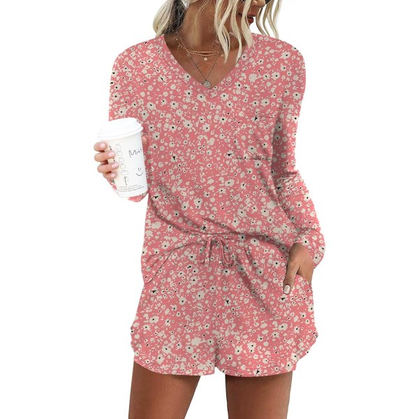 MOON Damkläder Långärmad Lounge Set 2 Delar Söt Kort Pyjamas Set Med Ficka Sovkläder Rosa Blommig 02 Stor