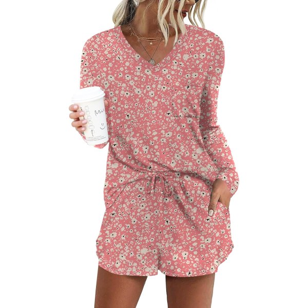 MOON Långärmad set för kvinnor 2 delar söta korta pyjamasset med fickor Sleep Wear Rosa blommig 02 X-Large