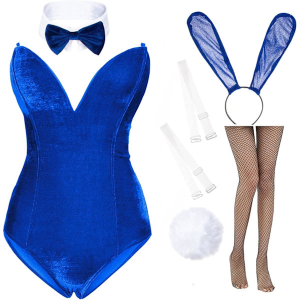 iNa Anime Damkläder Bunny Girl Kostym En Delig Body Halloween Cosplay Catsuit Bunny Pannband Strumpor Set Blå Medium