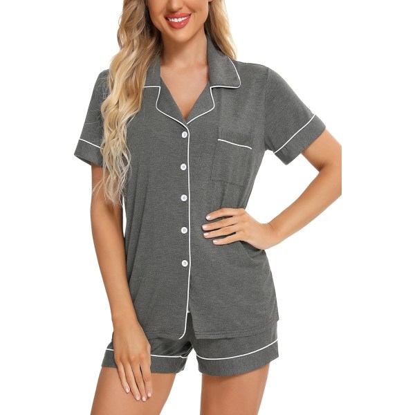 ng Dam Button Down Pyjamas Set V-hals Kortärmad Nattkläder Mjuk Pj Set S-XXL, A Style Byxor Nej A Style Nej Shorts Fick-grå X-Large