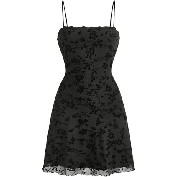 dusa Dam Lettucs Trim Blommig Tryck Mesh Ärmlös A Linje Kort Cami Klänning Svart Blommig X-Small