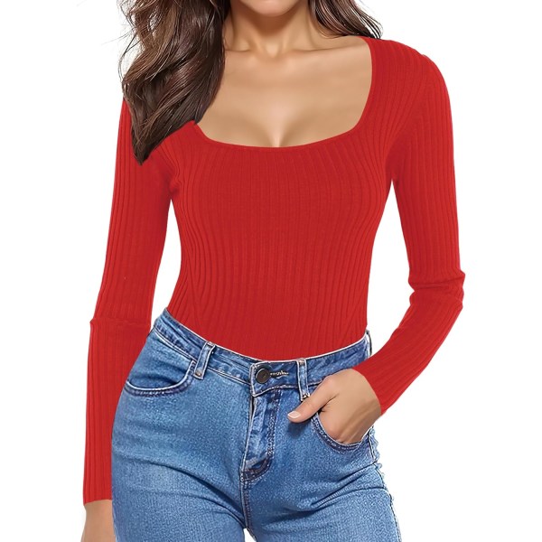 Kvinnor Square Neck Stickad Elasticitet Stretchable Långärmad Slim Sweater Toppar Röd Medium