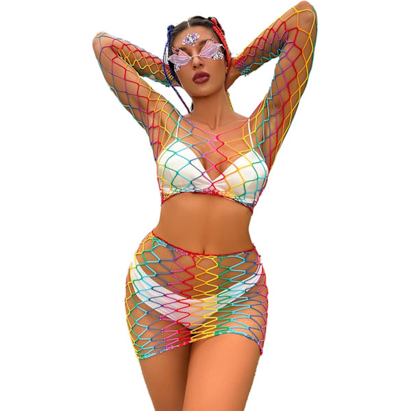Kvinnors Rave Rainbow Genomskinlig Mesh Bikini Cover Ups Sexig Ihålig 2-delad Crop Top Minikjol Festival Outfit