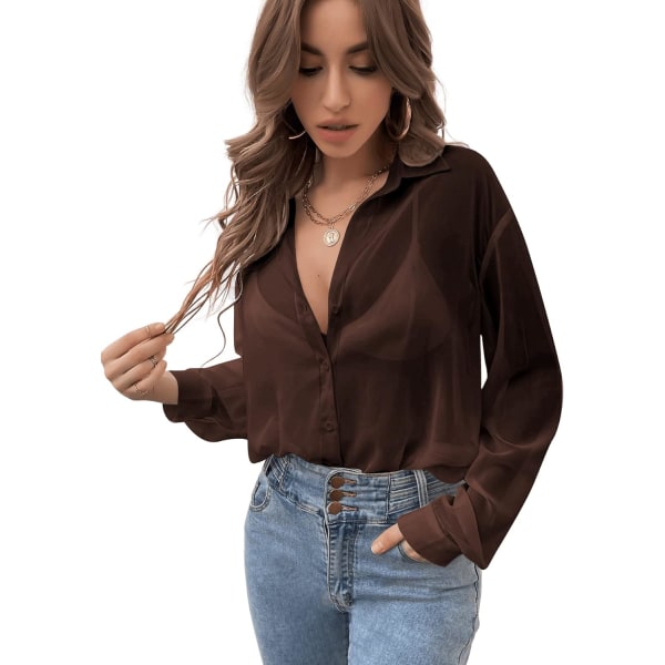 dusa Dam Sheers Mesh Knapp Ned Skjorta Topp Långärmad Sänkt Axel Blus Kaffe Brun X-Small